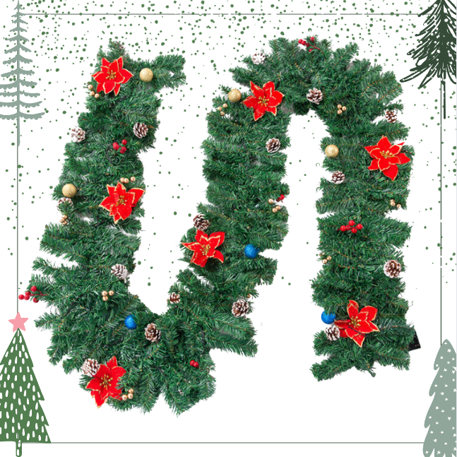 Dây Lá Thông KCS12 Hoa Đỏ Viền Trang Trí Noel Giáng Sinh