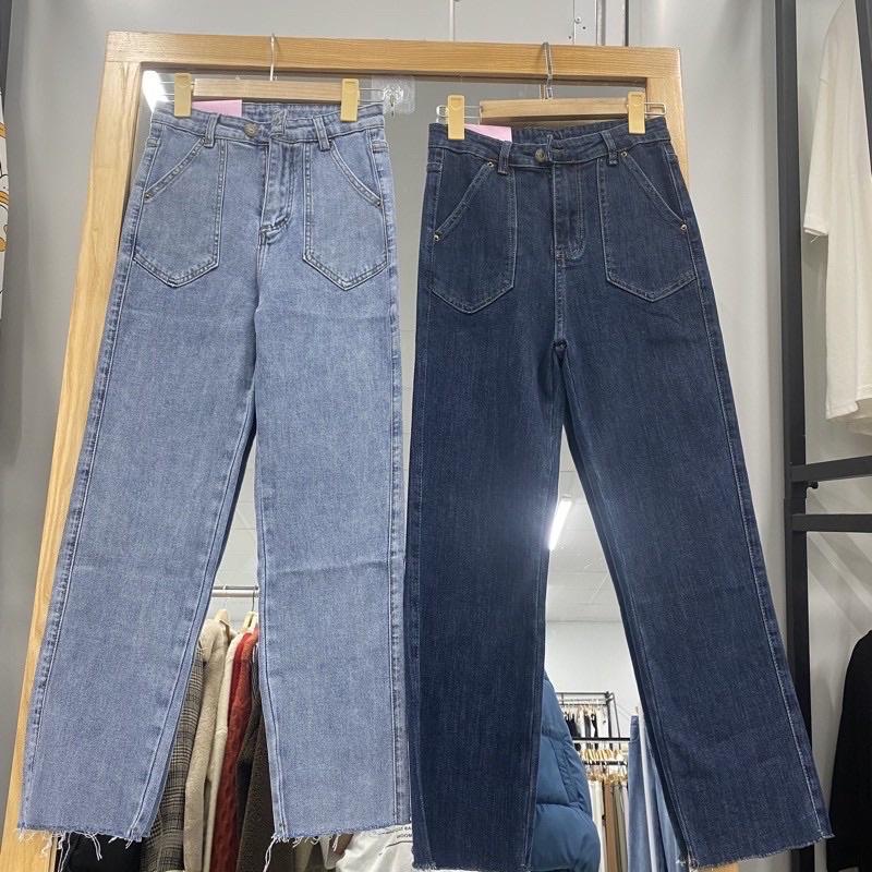 Quần jeans nữ ống đứng cạp cao túi trước có giãn kiểu dáng Hàn Quốc