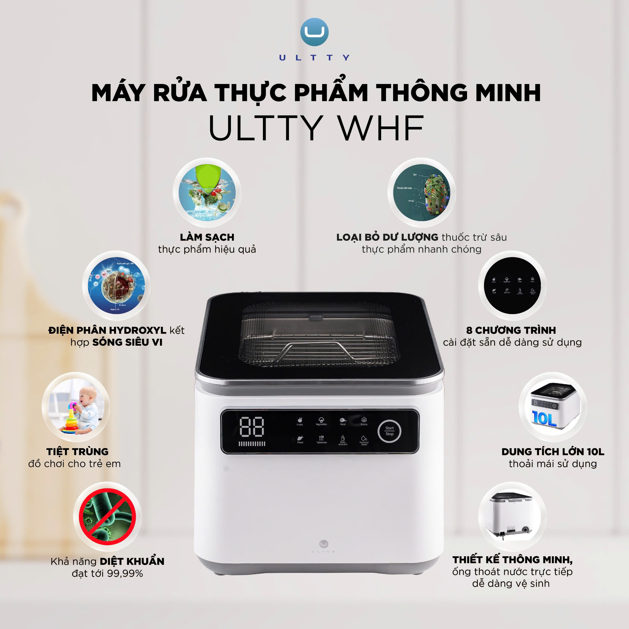 Máy Rửa Thực Phẩm Thông Minh U ULTTY WHF - Dung tích 10L, Công nghệ điện phân kép Hydroxyl và sóng siêu vi giúp loại bỏ 99,99% vi khuẩn, hóa chất độc hại, bảo hành 2 năm - Hàng chính hãng