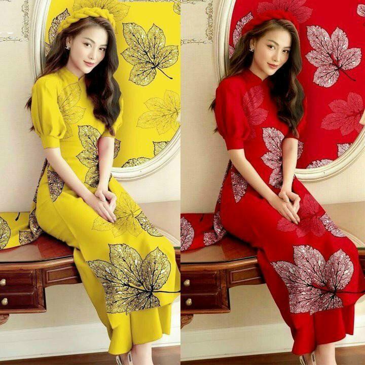 Set Bộ Áo Dài Lụa Họa Tiết Chiếc Lá Hàng Thiết Kế Cực Sang Trọng Quý Phái - BY2118A