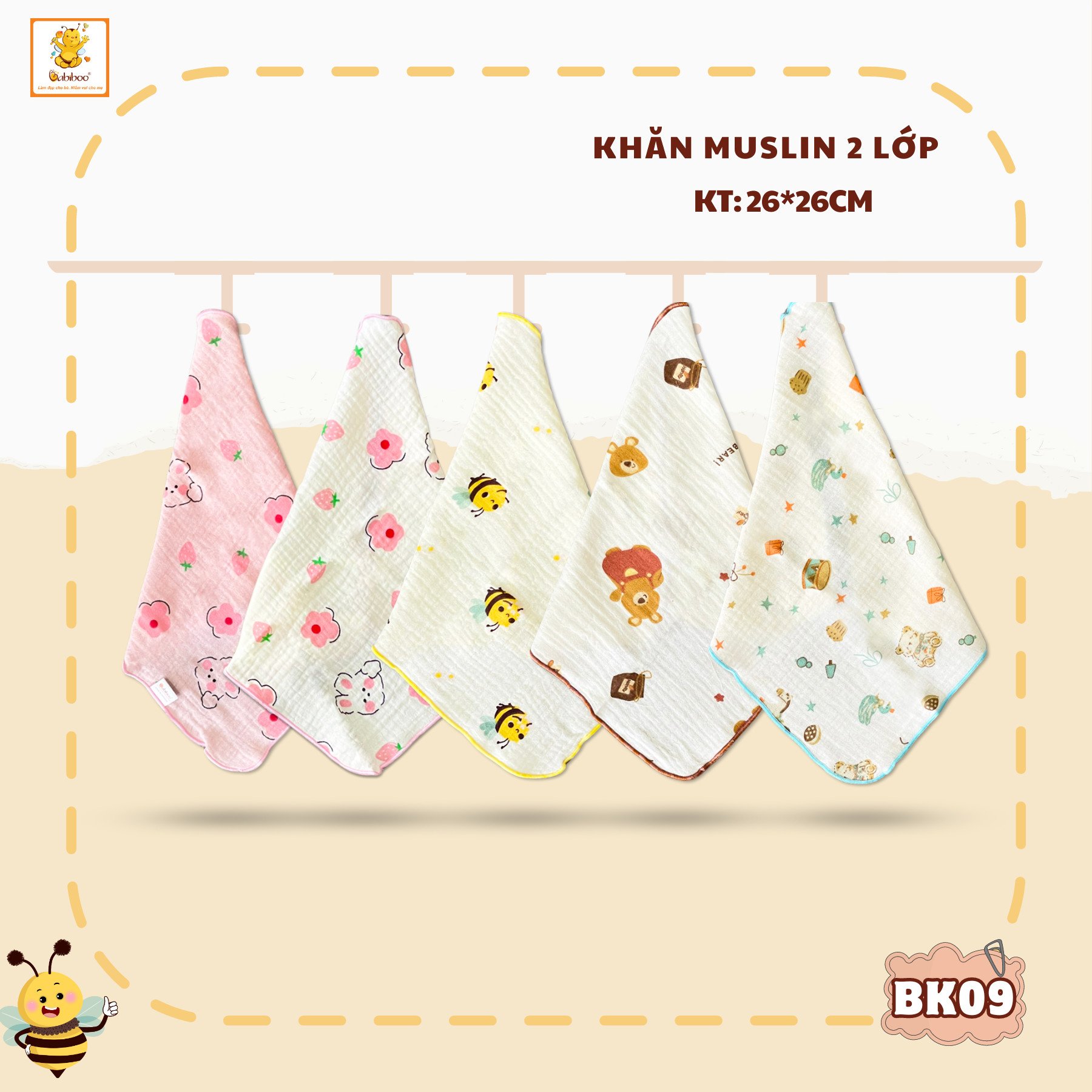 Khăn sữa cho bé Babiboo khăn xô sữa vải muslin lớp mềm mịn, an toàn cho da 26cmx 26cm (set / 5 khăn ) BK09