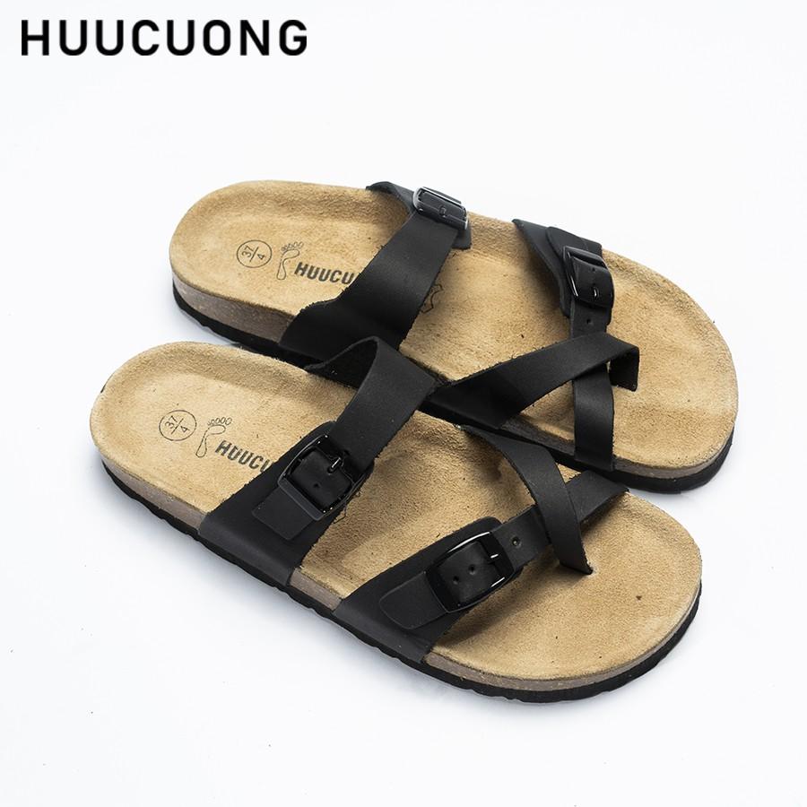 Dép unisex HuuCuong xỏ ngón da bò đen đế trấu handmade