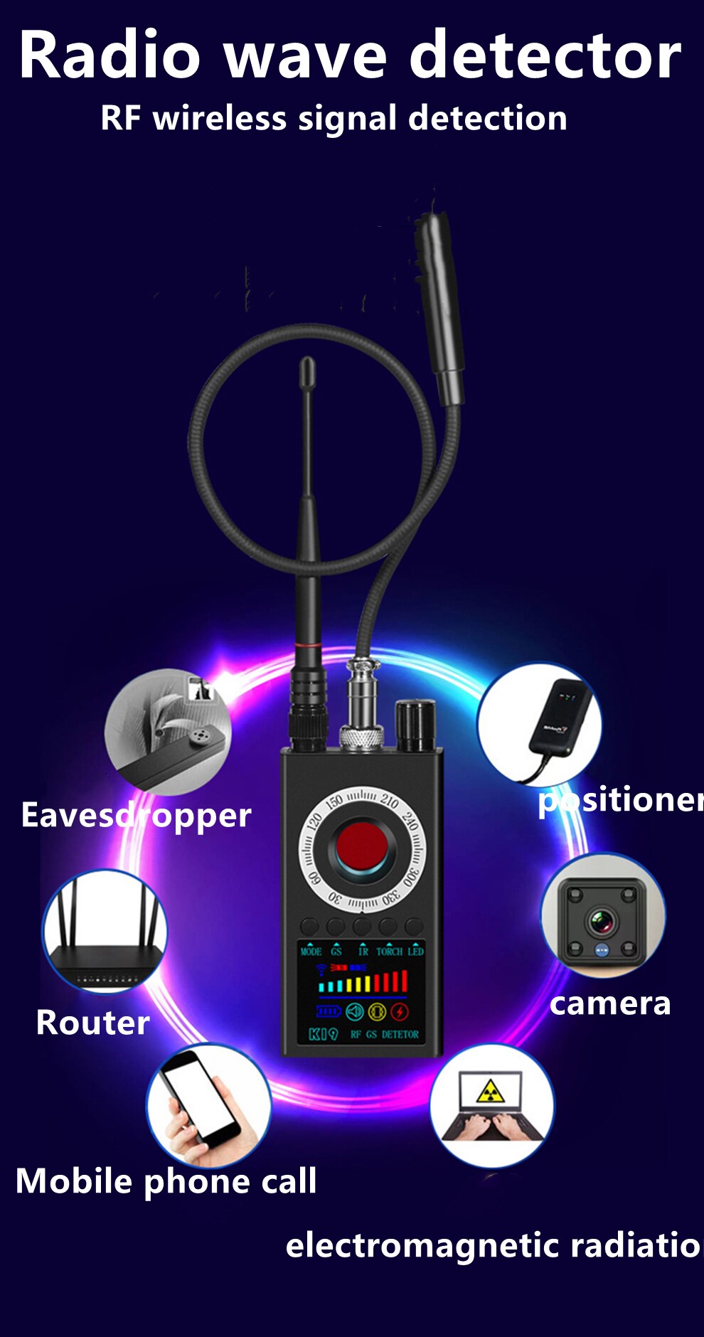 Máy Dò K19 chuyên phát hiện Camera siêu nhỏ, máy ghi âm siêu nhỏ, thiết bị định vị G.P.S. New K19 Eavesdropping Hidden Camera Detector RF Wireless Gsm Sound Signal Wiretapping GPS Tracker Spy Cam Detector Bug Finder