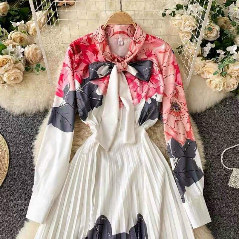 HÀNG NHẬP - ĐẦM XÒE LỤA HOA ĐỎ CỔ THẮT NƠ CHÂN VÁY DẬP LY