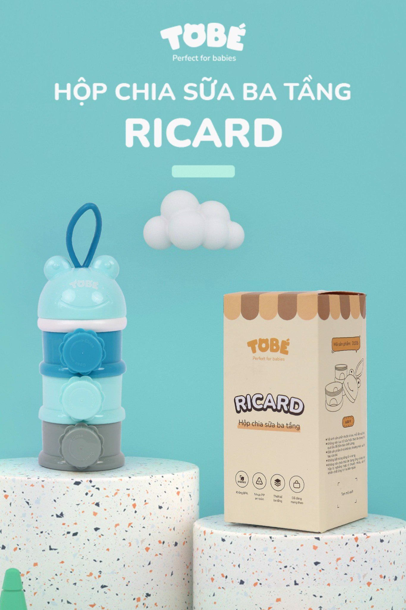 Hộp Chia Sữa 3 Tầng Ricard- Bình chia sữa cao cấp nhập khẩu Hàn Quốc có quai cầm tiện lợi cho mẹ, an toàn cho bé