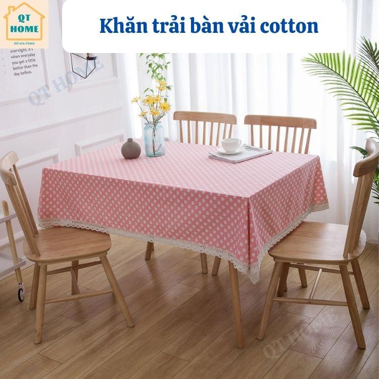 Khăn Trải Bàn Vải Cotton Nền Hồng, Họa Tiết Trái Tim, Viền Ren