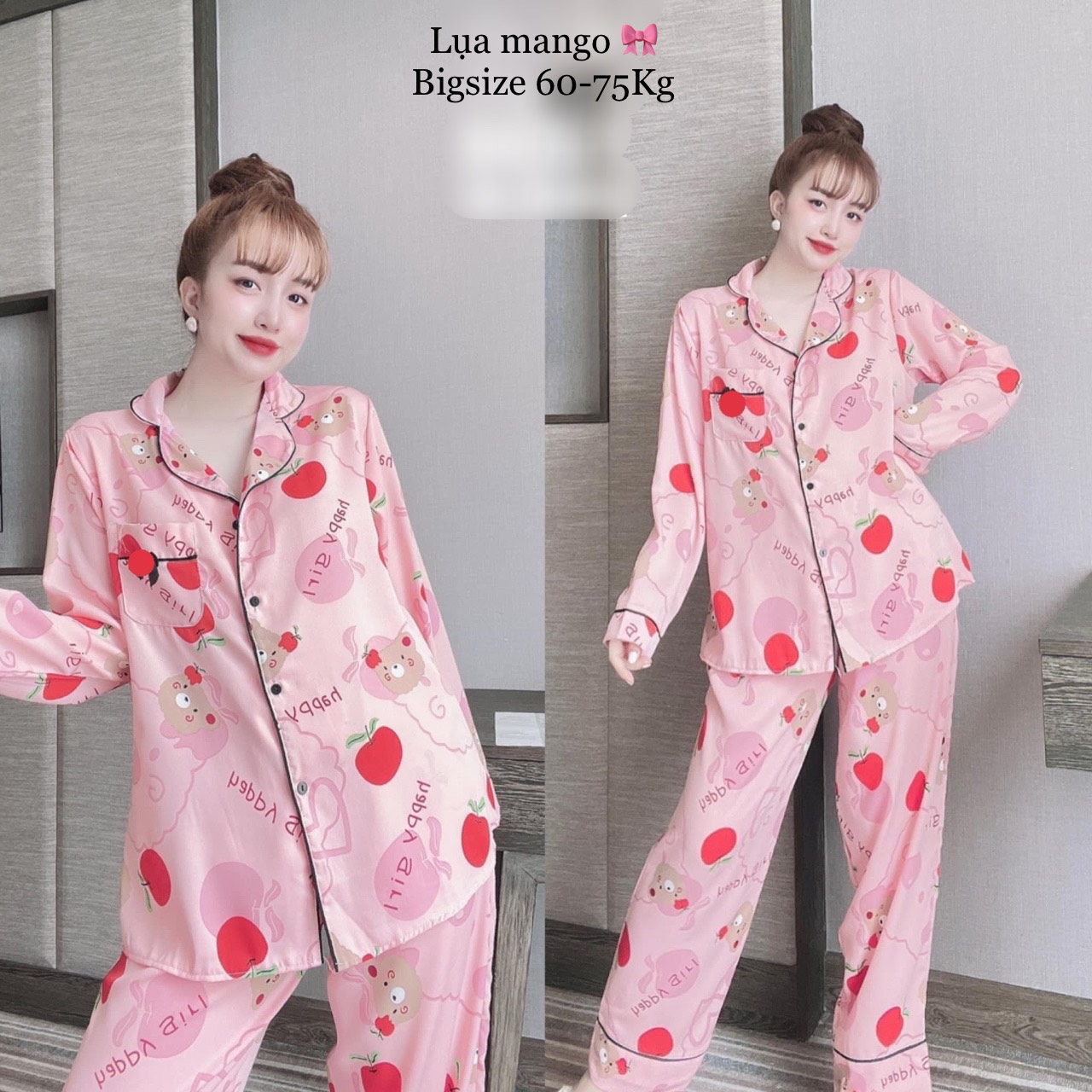 Đồ Bộ Pijama Lụa Mango Cao Cấp Tay Dài Quần Dài (gấu hồng/gấu đen/ô hồng) Bigsize 60-75Kg