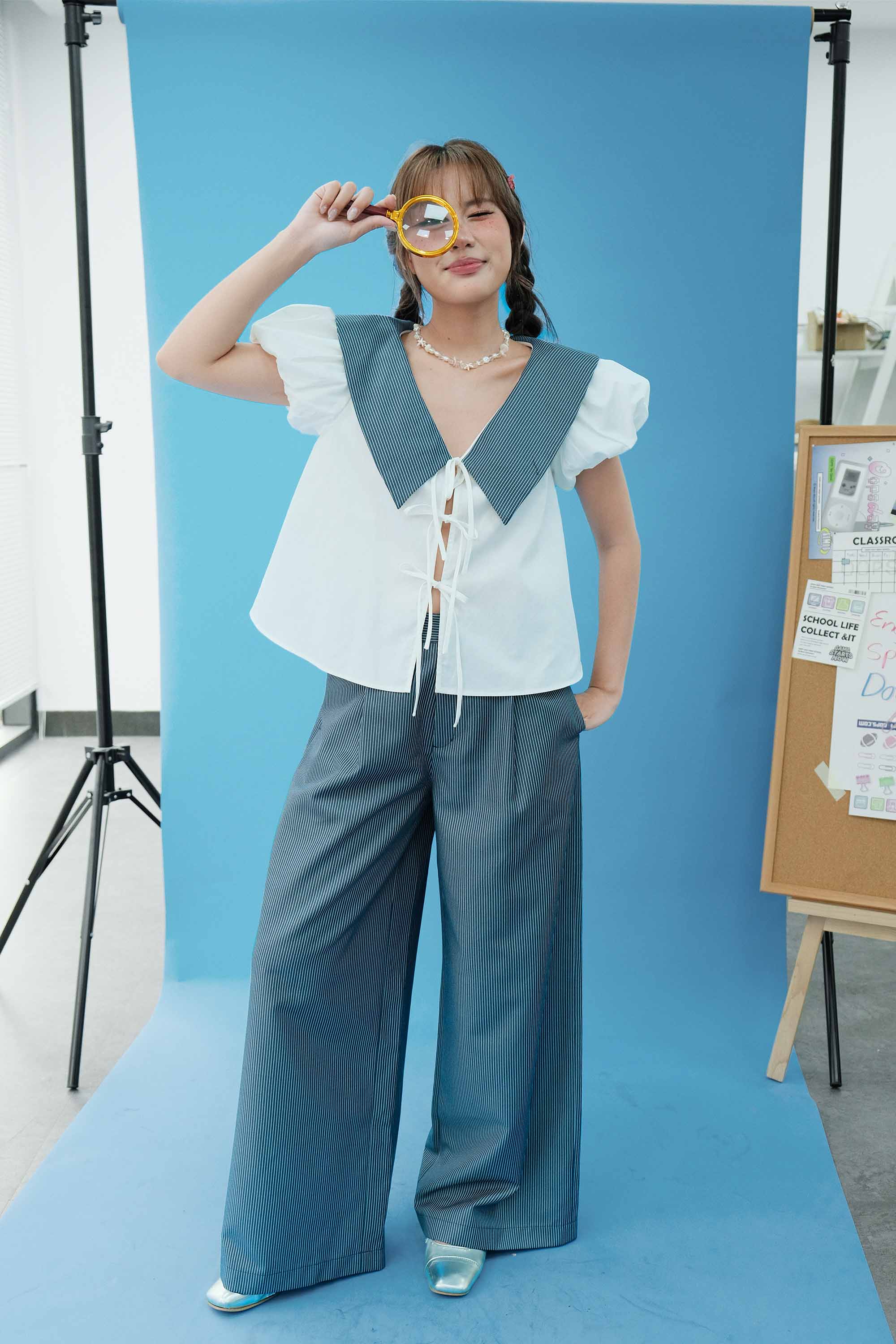 DOTTIE - Quần ống rộng kẻ sọc - Navy - Q0403