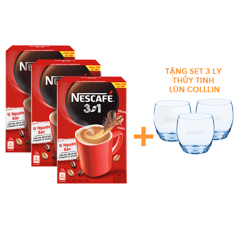 Combo 3 hộp cà phê hòa tan Nescafé 3in1 vị nguyên bản - công thức cải tiến (Hộp 20 gói) - [Tặng bộ 3 ly thủy tinh]