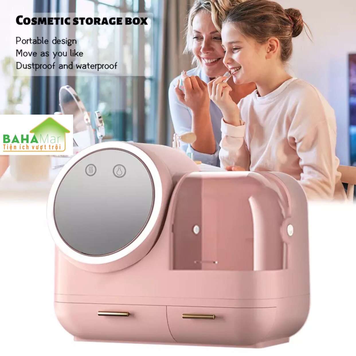 HỘP ĐỰNG MỸ PHẨM CÓ GƯƠNG TRANG ĐIỂM ĐÈN LED QUẠT BAHAMAR có quạt thổi khô lớp trang điểm thiết kế tay cầm dễ dàng xách di chuyển hộp chống bụi v