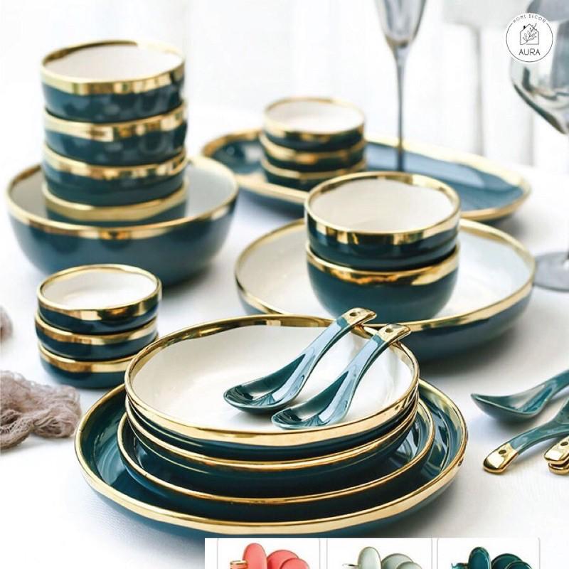 BỘ BÁT ĐĨA VIỀN VÀNG 26 món