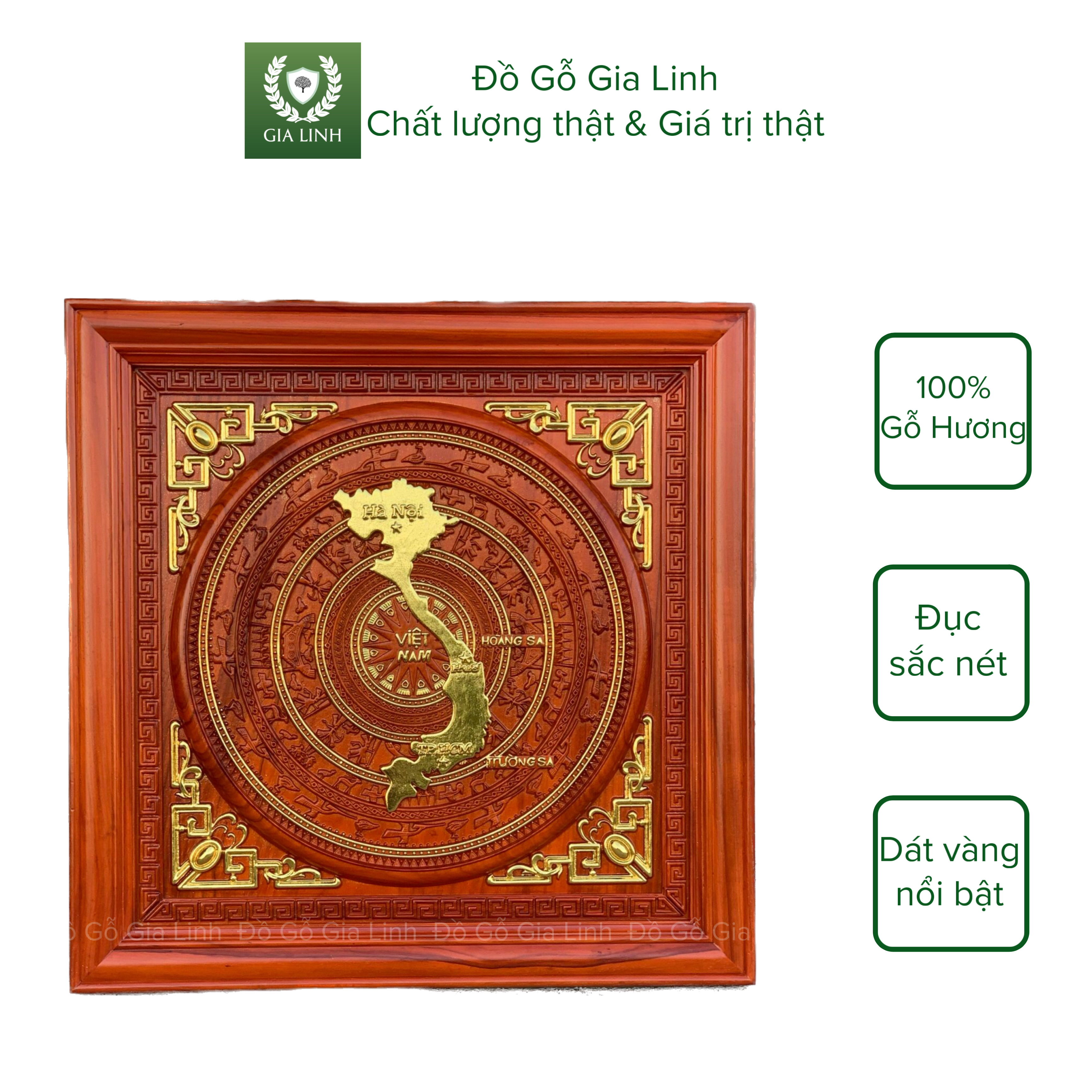 Tranh gỗ Trống đồng Đồ Gỗ Gia Linh gỗ Hương đỏ dát vàng