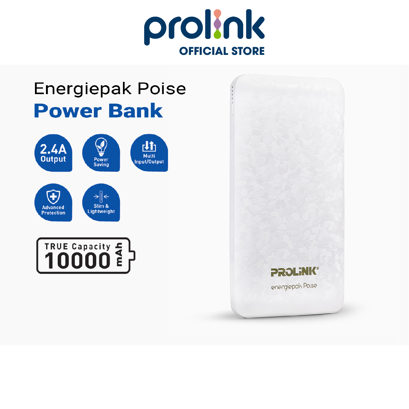 Pin sạc dự phòng PROLINK PPB1003 WHT 10,000mAh, 3 cổng USB hỗ trợ sạc nhanh với tổng công suất 12W - Hàng chính hãng