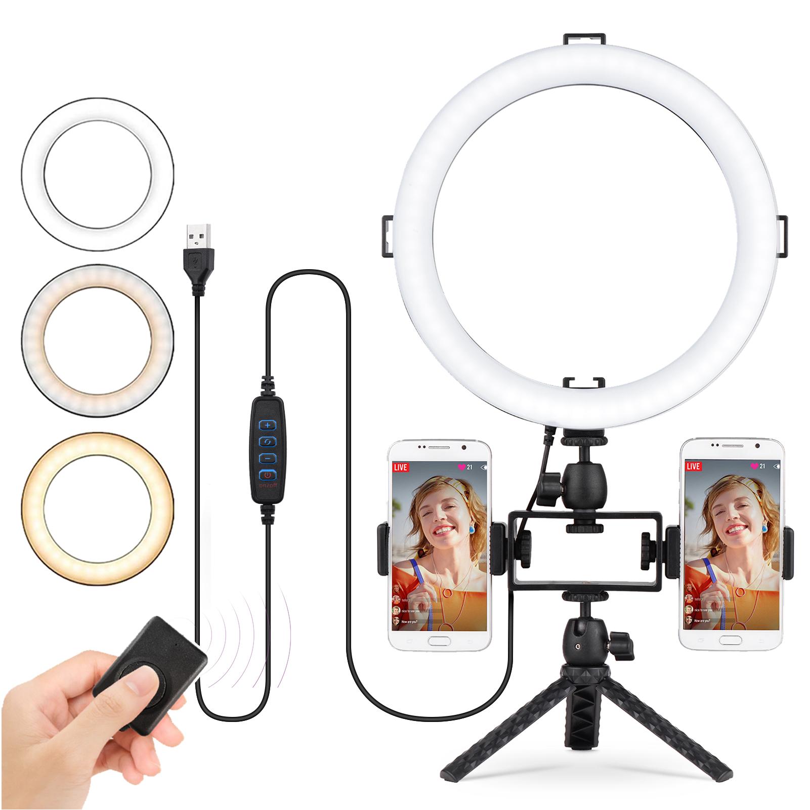 Bộ đèn LED vòng 10 inch / 26 cm 3 chế độ chiếu sáng 3000K-6500K USB có thể điều chỉnh độ sáng Được hỗ trợ với chân máy tính để bàn mini + Giá đỡ