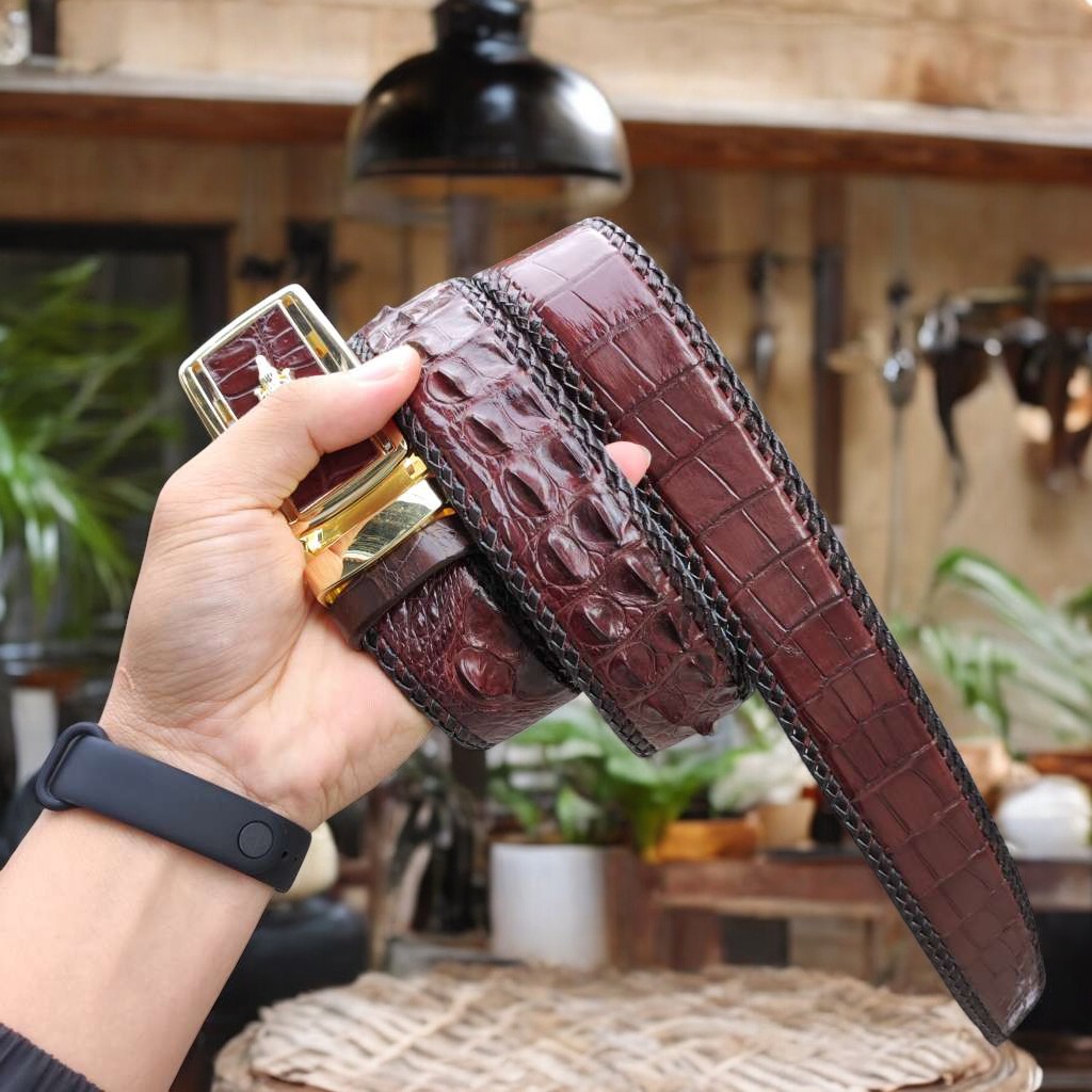 Thắt lưng da cá sấu nam đan viền thủ công rất đẹp! N53N_V (mặt vàng)