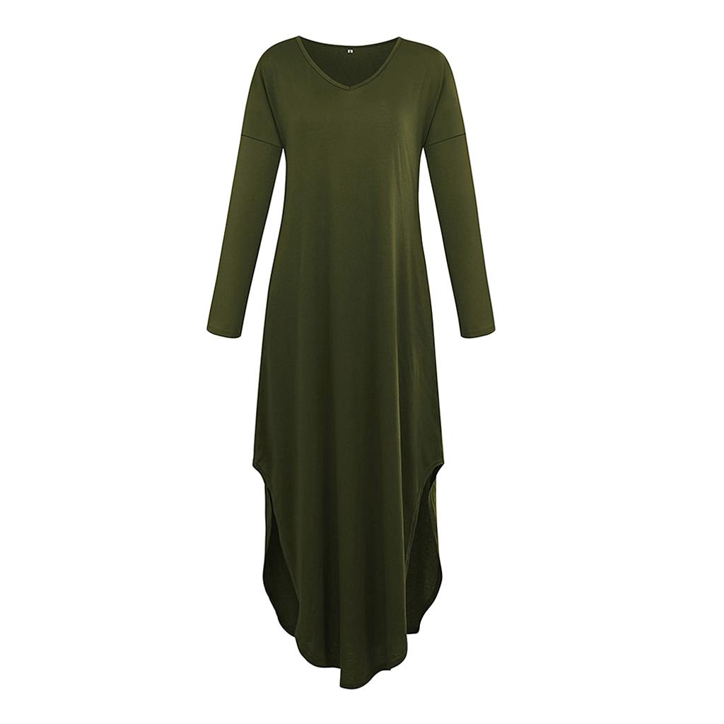 Women's V Neck Long Sleeve Side Pocket Split Beach Loose Long Maxi Dress