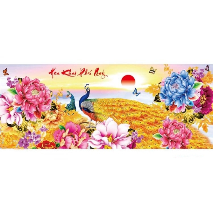 Tranh thêu 3d hoa khai phú quý 93x43cm tự thêu