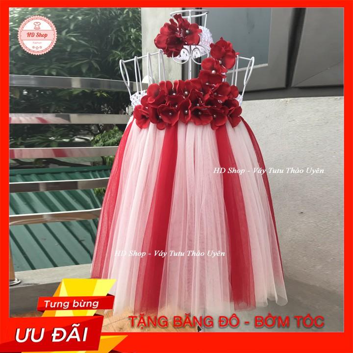 Đầm cho bé ️️ Đầm trắng pha đỏ tú cầu đỏ quai chéo