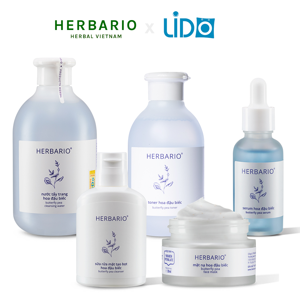 Bộ 5 dưỡng ẩm và trẻ hóa da toàn diện Hoa đậu biếc Herbario: Nước tẩy trang 300ml + Sữa rửa mặt 100ml + Toner 200ml + Serum 30ml + Mặt nạ 30ml