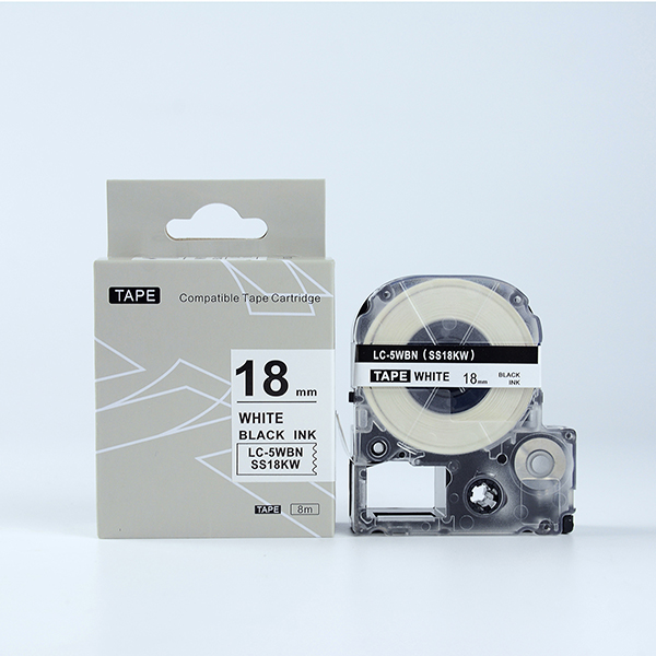 Tape nhãn in tương thích SS18KW (LC-5WBN) dùng cho máy in nhãn KingJim SR &amp; EPSON LW (chữ đen nền trắng, 18mm)