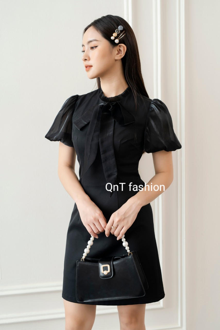 Đầm Dự Tiệc Thiết Kế-Đầm cổ tàu đính nơ phối tơ dự tiệc cao cấp cho nàng tỏa sáng