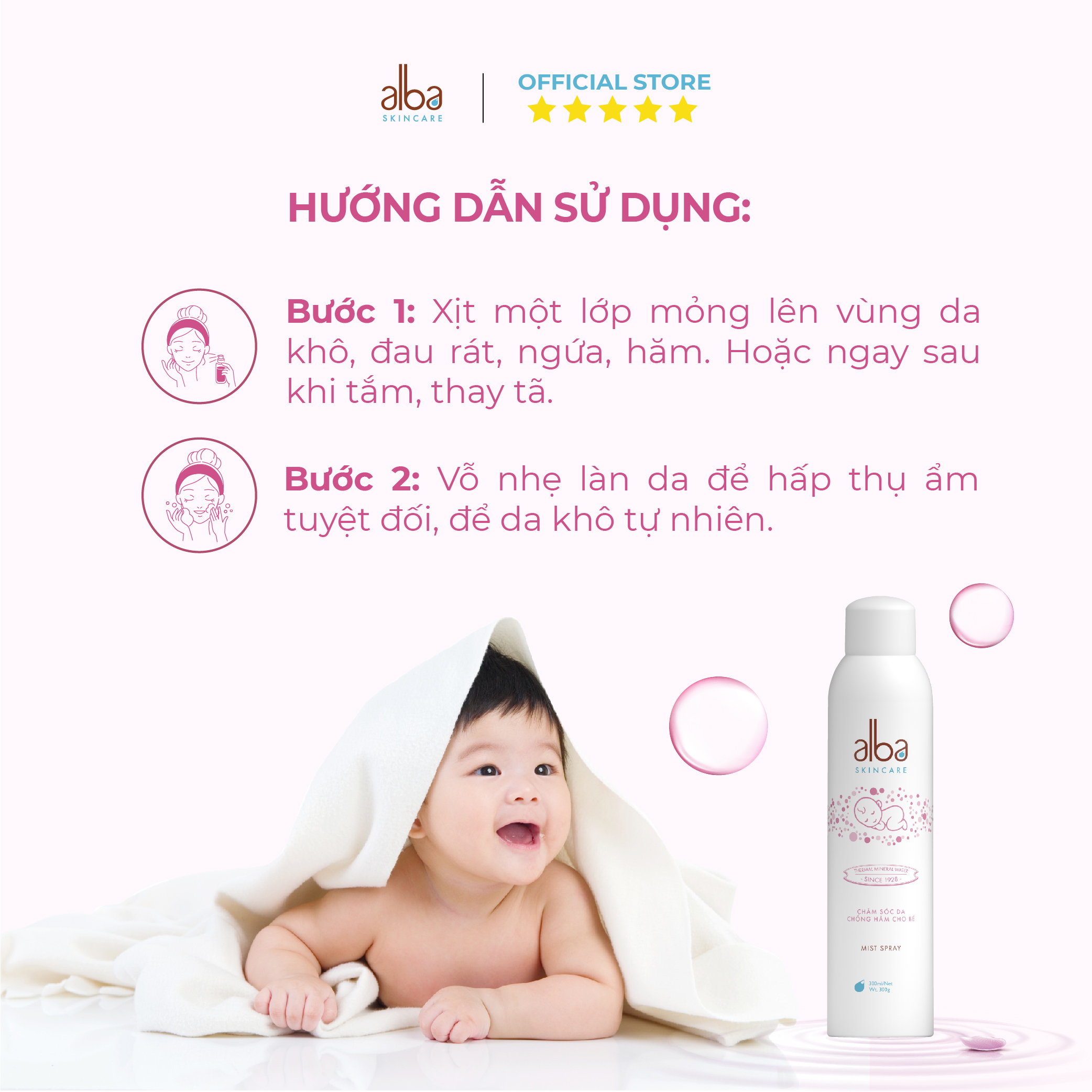 Combo 2 Xịt khoáng Alba Skin Care chống hăm cho da bé mịn màng 300ml + 150ml