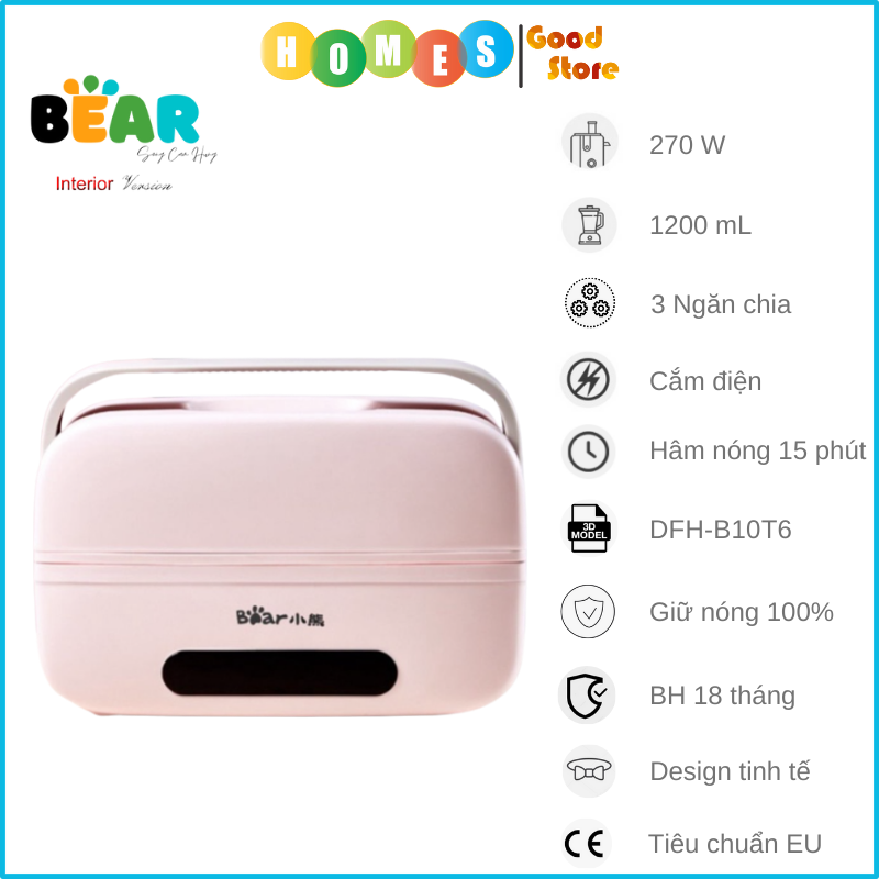 Hộp Cơm Giữ Nhiệt, Tự Hâm Nóng Và Nấu Chín Đa Năng 3 Tầng BEAR DFH-B10T6 Dung Tích 1.2L Công Suất 270W - Hàng Chính Hãng