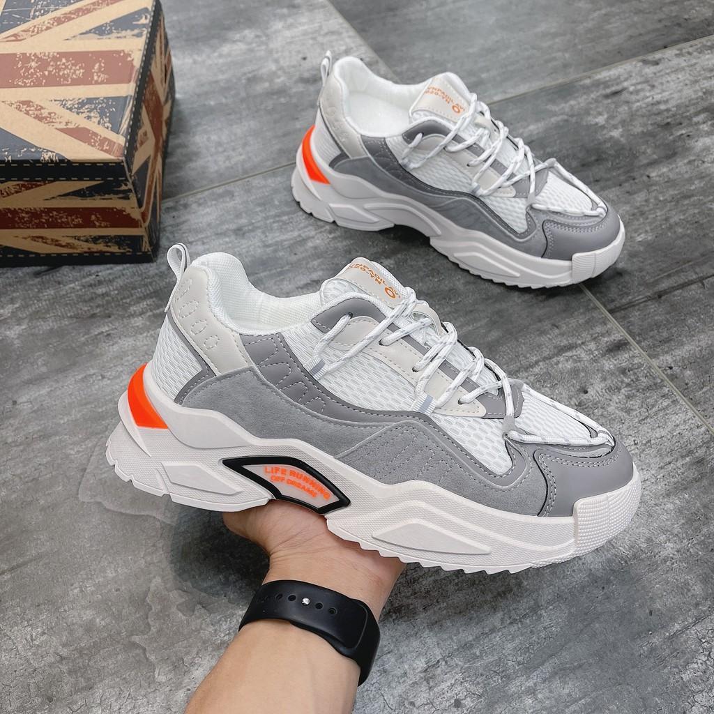 Giày thể thao nam, giày sneakers nam độn đế Xám gót Cam CK889