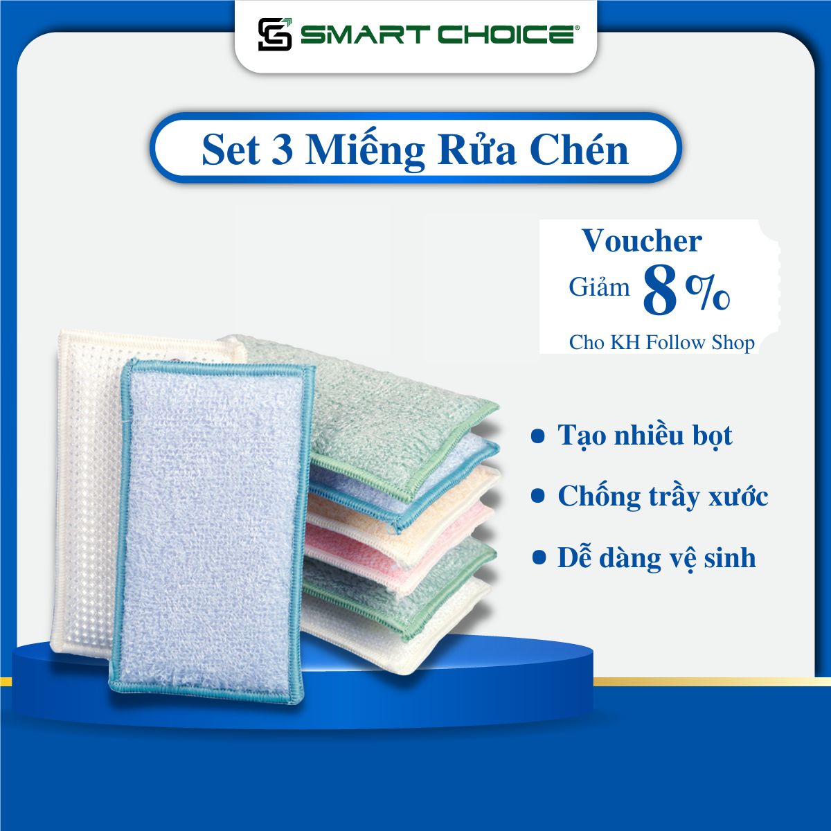 SET 3 Miếng Rửa Bát Chống Trầy Xước SMARTCHOICE - Miếng rửa chén sợi tre 3D Cao Cấp Siêu Sạch, Tạo Nhiều Bọt, An Toàn Với Da Tay, Không Bám Cặn Bẩn, Dễ Dàng Vệ Sinh