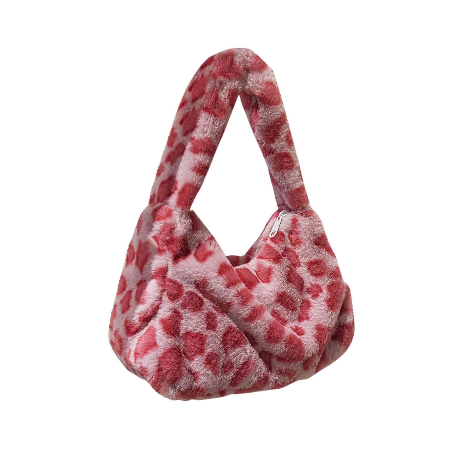Fashion Plush Shoulder Bag Lady Casual Tote Underarm Bag Lightweight Small Purse Leopard Pattern Handbag for Travel Work