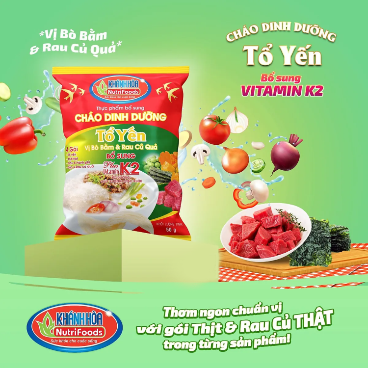 Cháo Dinh dưỡng Tổ yến Vị Bò bằm và Rau củ 50g Khánh Hòa Nutrifood ( Thùng 30 Gói )