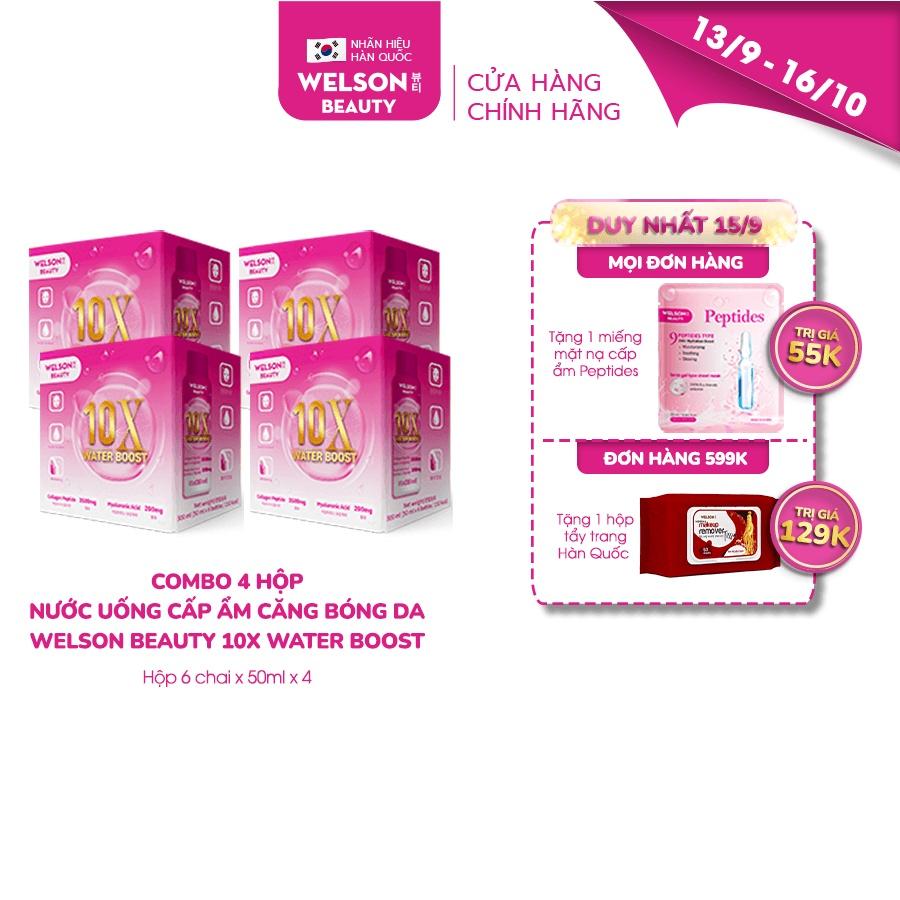 Combo 4 Hộp Nước Uống Cấp Ẩm Căng Bóng Da Welson Beauty 10X WATER BOOST 4 x 6 chai x 50ml