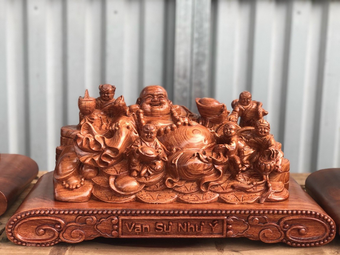 Tượng phật di lặc ngũ phúc bằng gỗ hương đá kt 50×28×26cm