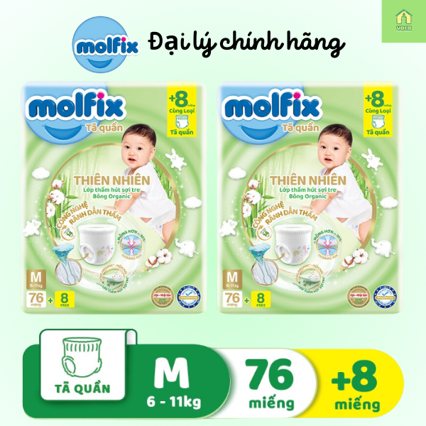 Combo 2 gói tã/bỉm quần Molfix thiên nhiên Super Jumbo size M76+8