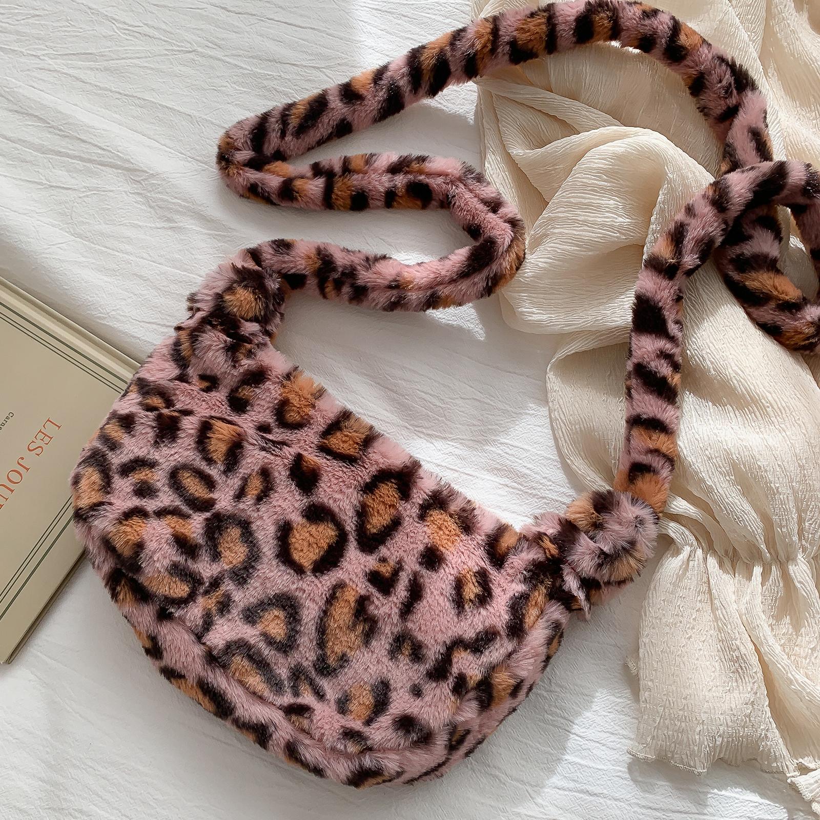 Women Faux Fur Tote Shoulder Bag Handbag Furry Leopard Print Top Handle Crossbody Shoulder Bag