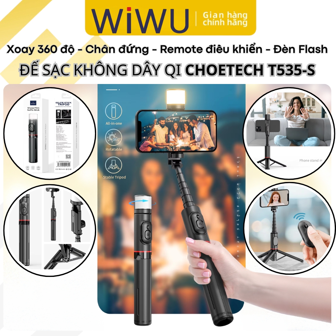 Gậy chụp ảnh selfie 3 chân hiệu HOTCASE WIWU Sharp Film remote bluetooth Xoay 360 độ có đèn flash tích hợp tripod, gập gọn, pin sạc type C, đèn trợ sáng Phụ Kiện - Hàng nhập khẩu