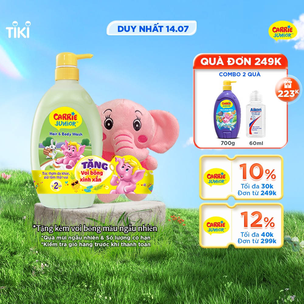 [TẶNG KÈM Voi bông | màu ngẫu nhiên] Chai Sữa Tắm Gội Cho Bé Carrie Junior Yoghurt hương Melon 700g