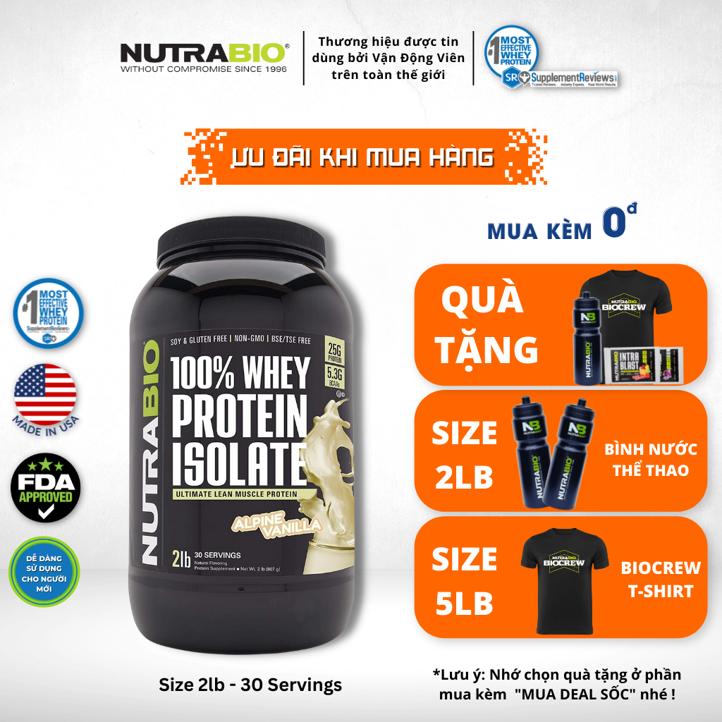 [30 lần dùng] NutraBio Ultimate Muscle Lean Whey Protein 100% - Sử dụng công nghệ lọc CFM tinh khiết - Chứng nhận Kosher, cGMP - Dành cho thể thao