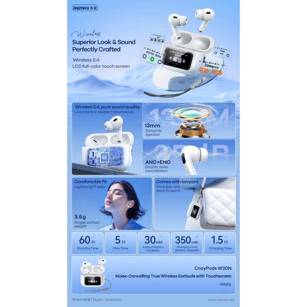 Tai Nghe Remax CozyPods W30N True Wireless Bluetooth V5.4 ANC+ENC 30mAh/350mAh LCD - Hàng Chính Hãng