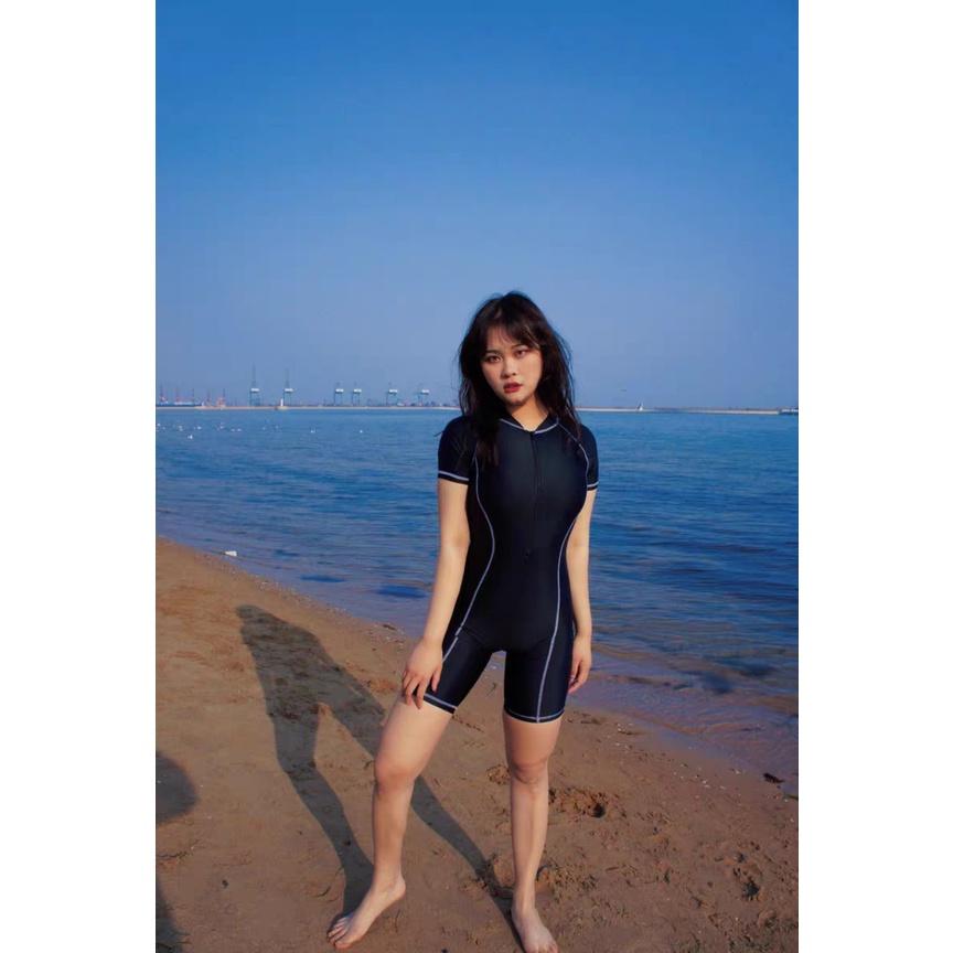 Bộ đồ bơi nữ liền thân thun lạnh đẹp thể thao viền trắng kín đáo tôn dáng