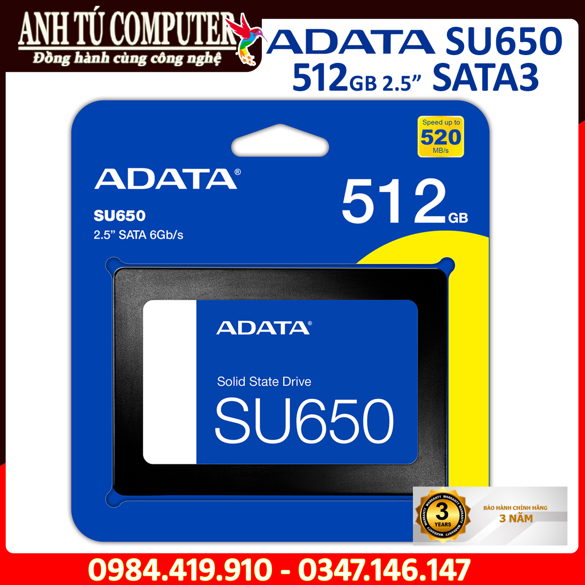 Ổ CỨNG SSD ADATA SU650 512GB 2.5″ Sata III hàng chính hãng