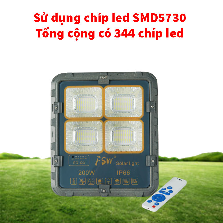 Đèn pha năng lượng mặt trời 200W cao cấp FSW-200 dây dài 5m ánh sáng trắng chiếu sáng liên tục trên 12h