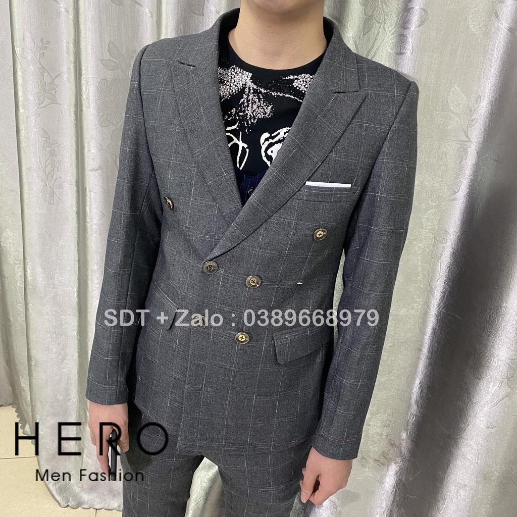 Bộ vest nam cao cấp Kẻ caro xám, Bộ suit Nam Hàn Quốc