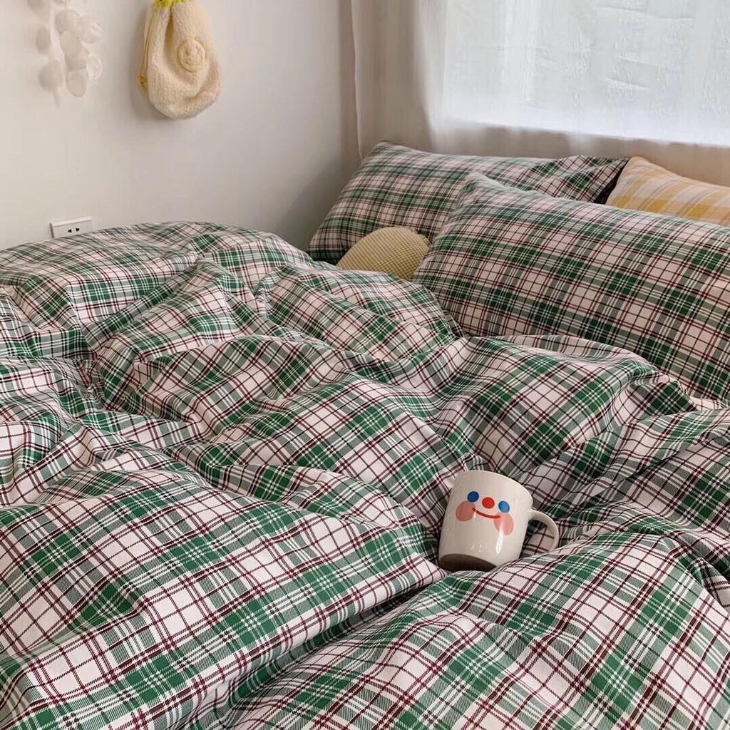 Bộ chăn ga Cotton Poly M2T BEDDIND phong cách Hàn Quốc - PL kẻ xanh lá