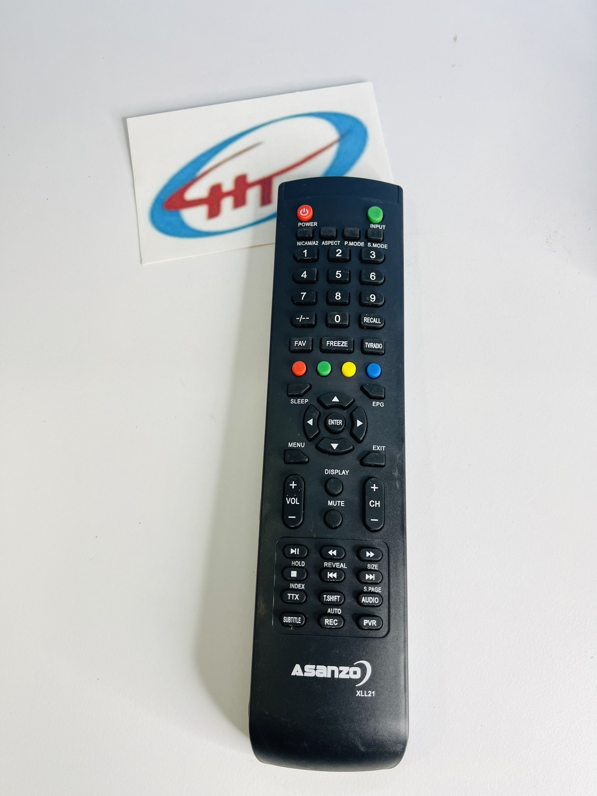ĐIỀU KHIỂN TIVI ASANZO CÓ 4 NÚT MÀU GIỮA TRÒN HÀNG CHÍNH HÃNG.
