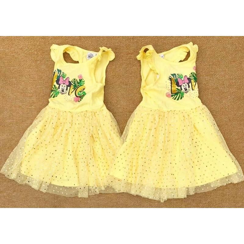 Đầm thun tay cánh tiên phối chân váy voan Díney vàng minnie sz 92-98-110-116
