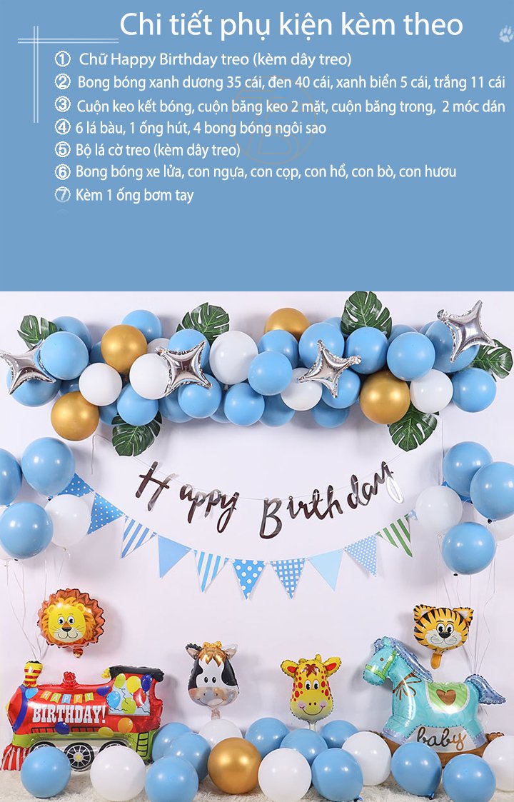 Bộ trang trí sinh nhật xe lửa và hươu cho bé - Sét bong bóng happy birthday có kèm bơm tay