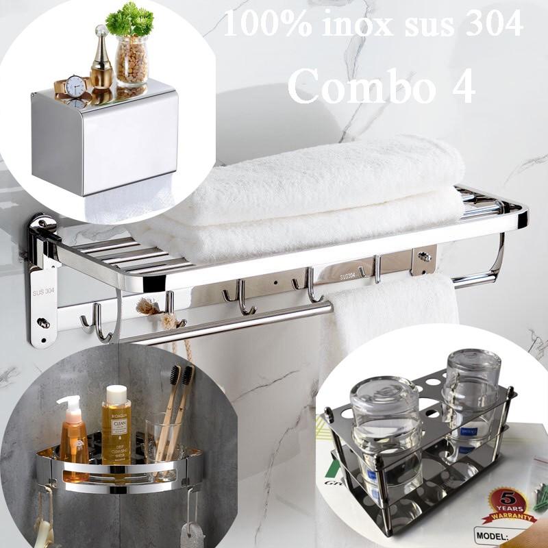 Combo 4 món phụ kiện nhà tắm cao cấp inox sus 304 tặng kèm keo dán 100g siêu chắc