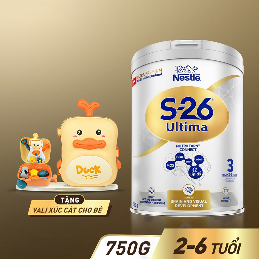 Sữa Bột S-26 ULTIMA 3 (S26) 750G từ Thụy Sỹ độc quyền tăng tốc độ kết nối não bộ 2,5 lần với NUTRILEARN® CONNECT Tặng Bộ vali xúc cát (2 - 6 tuổi)