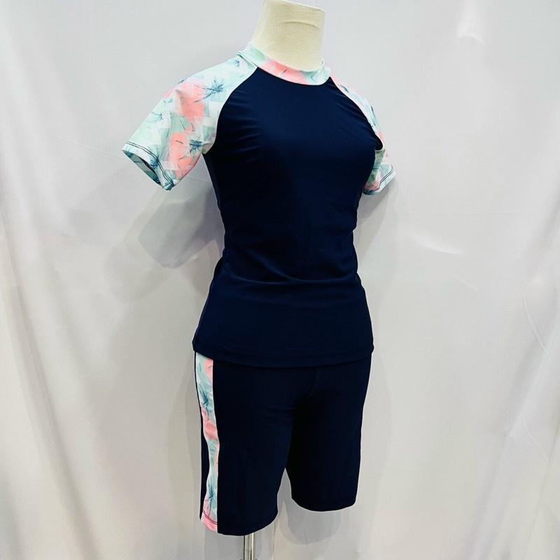 BỘ BƠI NỮ KÍN ĐÁO TAY NGẮN QUẦN LỬNG TRƠN PHỐI HOA VĂN SIZE 35-58kg